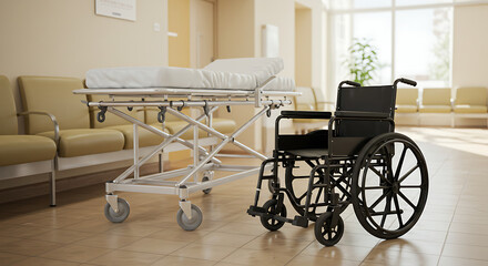 Empty hospital waiting area with gurney and wheelchair.