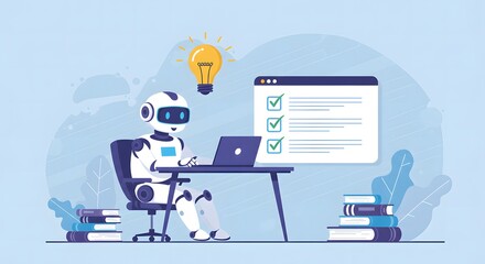 A futuristic robot working on a laptop with a glowing light bulb, showcasing innovation.  The robot is focused on a task