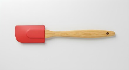 Red spatula with wood handle lies on clean white surface. Product shot for recipe blogs, cooking equipment catalogs, and food-related digital art.