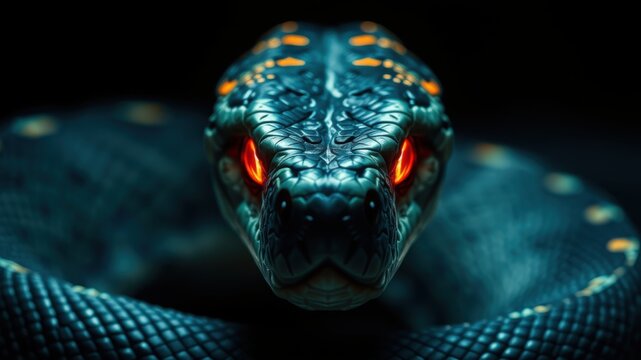 Intense close up of a venomous viper with glowing red eyes and intricate scales in darkness - Powered by Adobe
