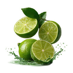 Fresh lime halves and whole limes isolated on transparent background
