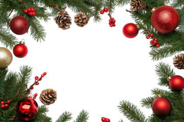 Christmas decorations with tree branches and baubles frame isolated on white background. Holiday wreath frame with baubles isolated PNG.