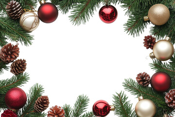 Christmas decorations with tree branches and baubles frame isolated on white background. Holiday wreath frame with baubles isolated PNG.