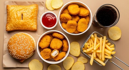 A delicious spread of fast food favorites including nuggets fries and a burger