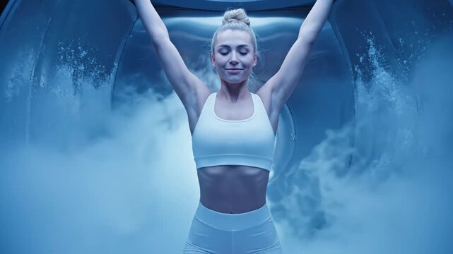 Woman Experiencing Cryotherapy Session - A young woman stands in a cryotherapy chamber, enveloped by a cloud of cold vapor.