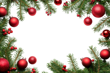 Christmas decorations with tree branches and baubles frame isolated on white background. Holiday wreath frame with baubles isolated PNG.