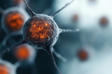 Close-up of neuron cells with golden centers showing interconnected branches