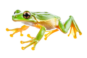 Fototapeta premium A vibrant green frog with striking yellow-orange webbed feet, posing against a clean white background.