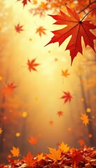 Obraz premium Vibrant red maple leaves gently falling and carpeting the ground in a sundrenched forest during the peak of autumn, creating a warm and magical seasonal atmosphere