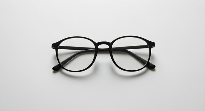 Black glasses on a white surface creates a minimal product shot. Great for eye care ads or branding.