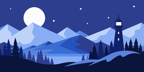 Obraz premium A snowy winter mountain landscape with a cozy village, christmas trees, and a starry night sky