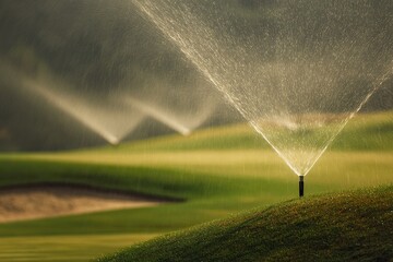 Automated sprinklers watering a lush green grass hill on a golf course.