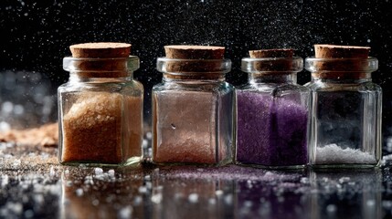 Glass jars with different salts on dark surface for cooking and gourmet ingredient photography