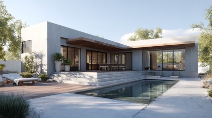 Fototapeta premium Modern home seamlessly blends indoor outdoor living with luxury pool on transparent background