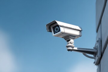 Security camera mounted on wall against a blue sky, security measure.