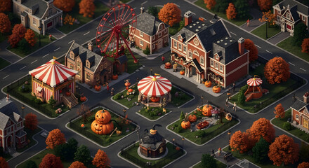 Aerial view of a halloween themed town with a ferris wheel and several decorated houses and pumpkins