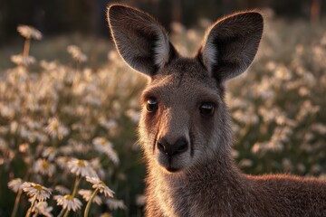 Fototapeta premium Kangaroo stands in an open field surrounded by wildflowers during golden hour light