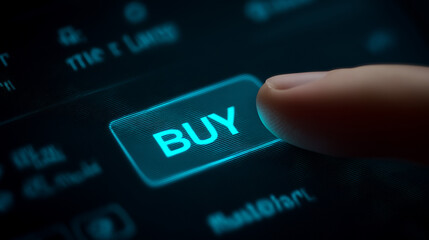 Close-up of a finger pressing the buy button on a trading app