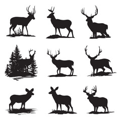 Fototapeta premium vector illustration of deer hunting silhouette set, Black & White silhouette set 