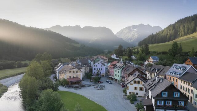 Scenic Mountain Village Sunset Houses River Valley Landscape Nature Beauty