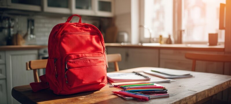 The red backpack on a wooden table with school supplies and morning sunlight