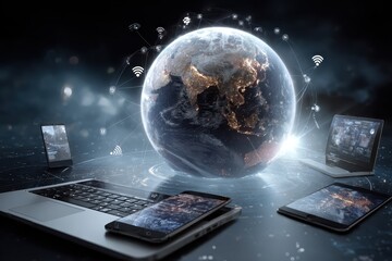 Connected tech devices and icons visualize a digital landscape with a globe showcasing continents and networks of information