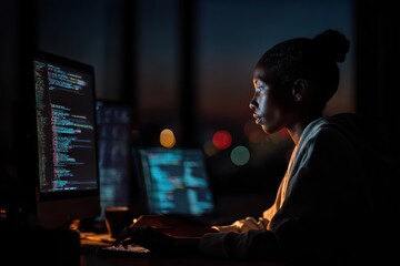 Black woman IT developer working late at night in a modern workspace, focusing intently on computer screens displaying code and programming tasks
