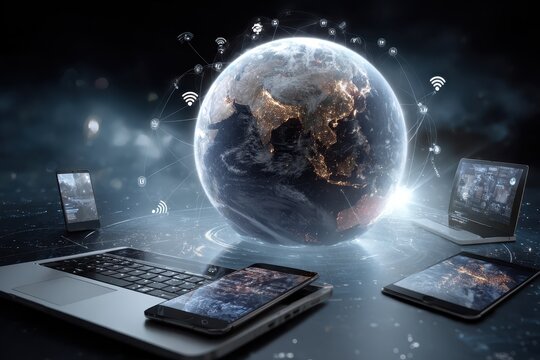Connected tech devices and icons visualize a digital landscape with a globe showcasing continents and networks of information