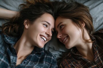 Cheerful lesbian mothers share a joyful moment together in bed while engaging in warmth and love during a cozy morning at home