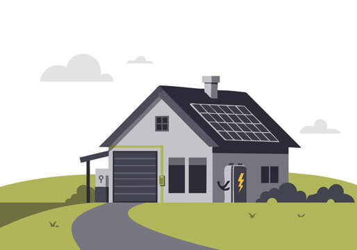 A modern home with solar panels and a home battery, showcasing sustainable energy. Clean, flat design illustration. Ideal for energy, green living, and technology concepts.