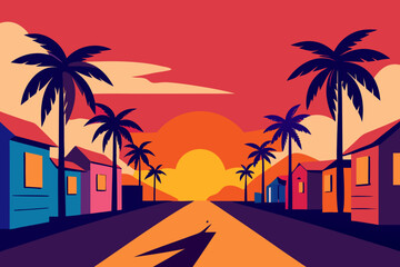 Sun sets behind a silhouette of tropical palms on a summer beach