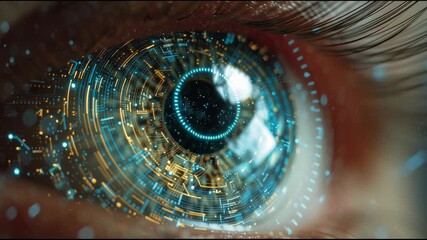 Cybernetic Eye: The intense gaze of a person is enhanced, with a glowing, futuristic cybernetic eye that represents a fusion of humanity and technology, reflecting a bold vision of the future. - Powered by Adobe