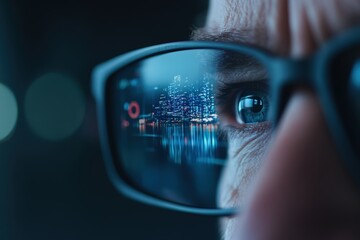 Man's eye reflecting night cityscape in glasses showing augmented reality