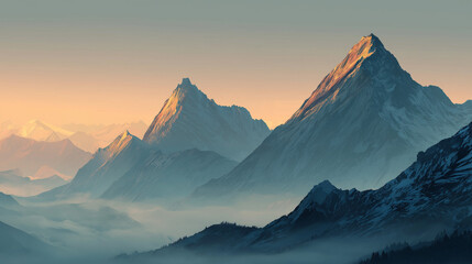 Foggy mountain peaks at sunrise
