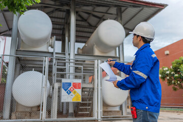 Engineers and supervisor work place to keep liquid helium,preventive maintenance schedule checking,Thailand people,Consult technical problems