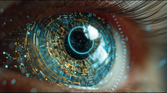 Cybernetic Eye: The intense gaze of a person is enhanced, with a glowing, futuristic cybernetic eye that represents a fusion of humanity and technology, reflecting a bold vision of the future.