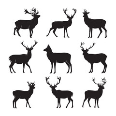 vector illustration of deer silhouette set christmas, Black & White silhouette set 