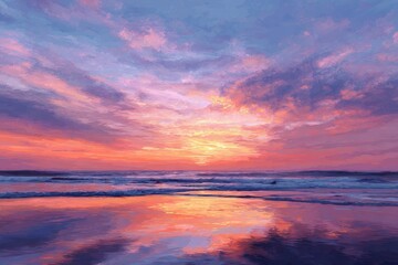 Fototapeta premium Sunset over a tranquil ocean with vibrant hues reflecting on the water at dusk in a serene coastal location
