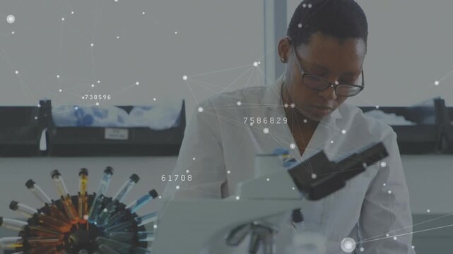 Female scientist selecting pipette tip and pipetting samples with pulsing data overlay for analysis
