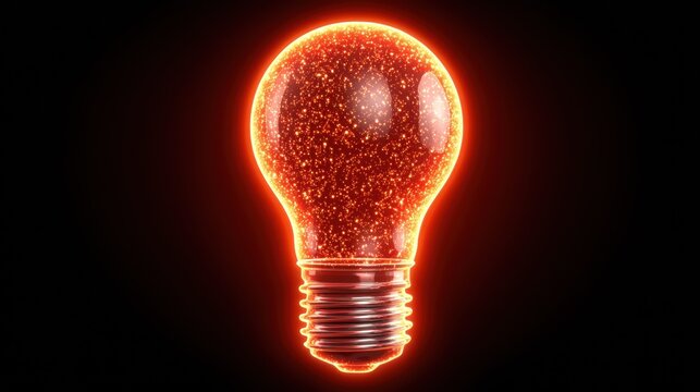 Fiery light bulb shines brightly against a black background, perfect for representing ideas and innovation.