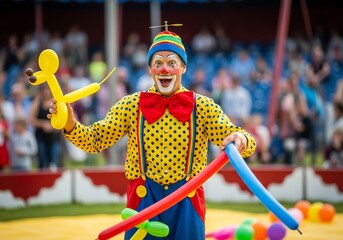 Cheerful male clown in vibrant polka dot costume holds balloon animals at an outdoor event