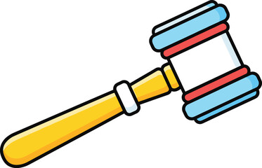 Cartoon gavel icon with yellow handle, blue and red details, justice hammer illustration, law symbol, court decision vector design