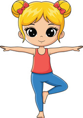 Cartoon girl doing yoga pose, blonde hair with red bows, balance exercise, red top, blue pants, playful fitness mascot