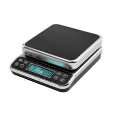 A sleek, digital kitchen scale with a black and silver design, perfect for precise measurements. background removed