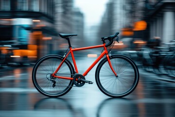 Fototapeta premium Red bicycle riding fast on a street in an urban environment