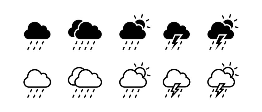 Rain icon set. Cloud rain icon. Moderate rain, heavy rain, snow icons. Thunderstorm icon vector illustration