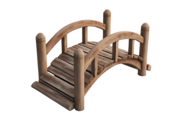 Wooden garden bridge isolated on transparent background. Decorative wooden arch bridge transparent PNG.