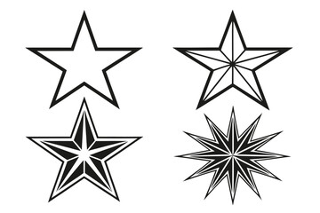 Collection of Four Distinct Star Illustrations in Black and White Minimalist Vector Design Graphic Arts and Decoration Element