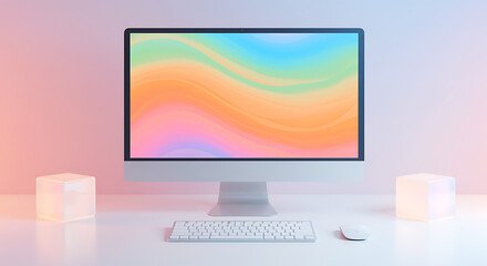 Modern all in one computer displaying a vibrant colorful abstract gradient on its screen with soft pastel lighting in the background