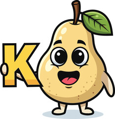 Cartoon pear with vitamin K, fruit mascot holding yellow letter, expressive eyes character, smiling face, healthy nutrition icon art